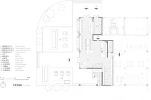 A detailed floor plan of a retail space showing various sections and furniture arrangements.