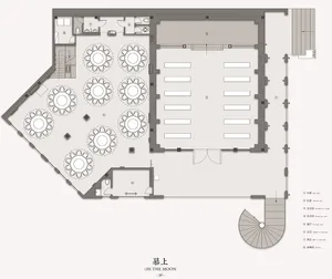 A detailed floor plan of a restaurant featuring white marble countertops and wooden seating arrangements.