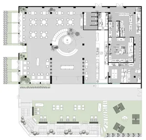 A detailed 2D architectural drawing of a commercial space with concrete, glass elements, and plants.