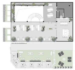 A detailed 2D architectural drawing of a modern office space showing the layout of workstations, meeting areas, and outdoor s