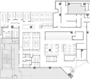 Floor plan of an office space showing various rooms and layouts.