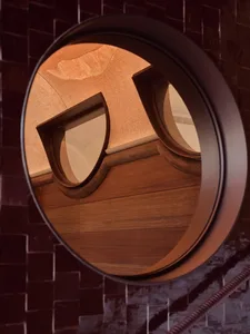 A modern interior with a round window and wooden beams