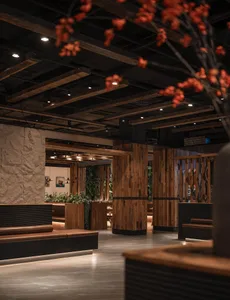 A modern restaurant interior with wooden and concrete elements.