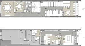 Floor plan of a restaurant depicting the layout of the 2nd and 3rd floors, including dining areas, tables, chairs, and other 