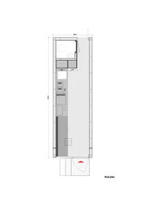 Floor plan of a modern apartment featuring minimalist design elements, concrete and wood materials, and an open layout.