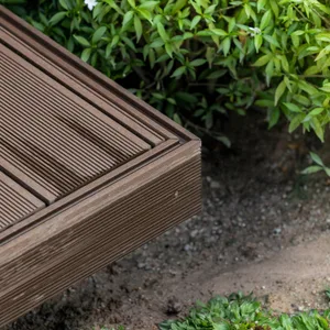 Close-up of modern outdoor furniture made of teak wood.