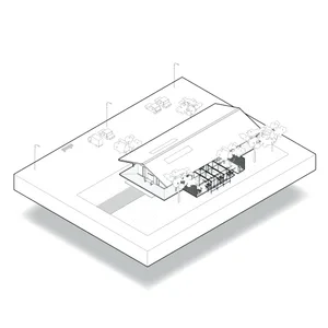 Isometric view of an industrial building exterior featuring glass and steel.