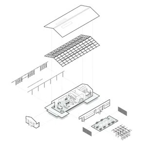 Exploded isometric view of an industrial-style interior with metal, glass, and mixed materials.