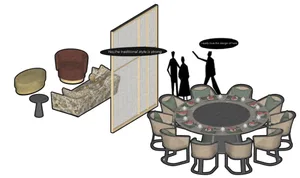 A modern dining room featuring a round table surrounded by chairs, with a traditional-style wooden screen in the background.