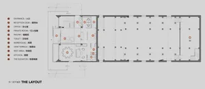 辦公室建築平面圖，展示入口、接待桌、辦公室、私人區域等功能分區