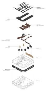 A 3D rendered floor plan showcasing the interior design of a restaurant, featuring wooden materials and geometric shapes.