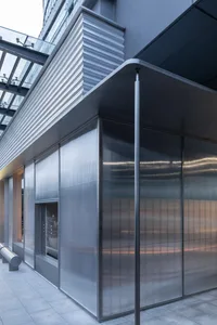 Metal-clad exterior of a commercial space