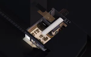 An industrial-style restaurant-bar with metal, concrete, and wooden elements.