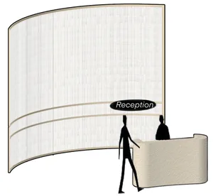 A curved textile reception counter with individuals interacting at the counter.