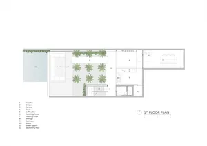 Modern residential layout with clear glass walls and a rooftop garden.