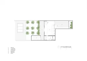 A minimalist residential floor plan featuring a concrete and glass design, with a balcony, living area, hobby area, dry garde