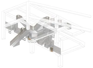 A detailed rendering of an industrial-style interior with metal railings and glass walls