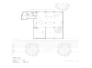 A detailed black and white architectural drawing of a mezzanine floor plan featuring various functional areas and layouts for