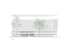 An architectural line drawing depicting a modern retail storefront with a metal-frame and glass-panel facade.