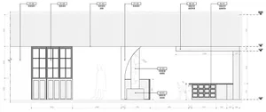 A detailed 2D architectural drawing of a retail storefront featuring glass and aluminum materials.