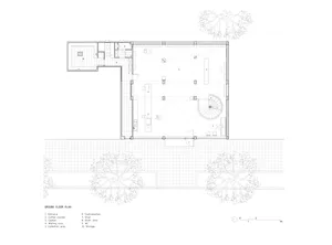 A detailed 2D architectural drawing of a waiting room exhibition counter with a staircase, showcasing mixed-use materials.