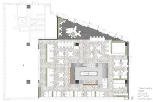 Floor plan of a restaurant interior featuring a terrazzo floor with dining areas, bar, stairs, kitchen, and open area.