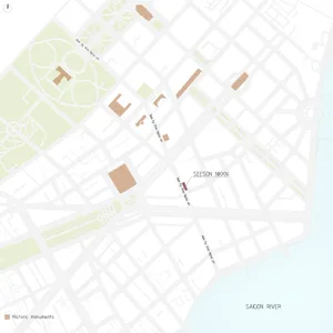 A detailed urban plan with pink tiles highlighting specific areas.