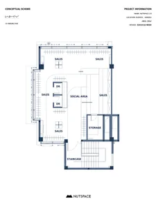 一張詳細的2D建築圖，呈現工業風零售店採用混凝土材質與現代美學。