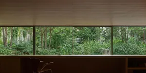 A minimalist office space featuring wooden desks and shelves, with large windows and greenery outside.