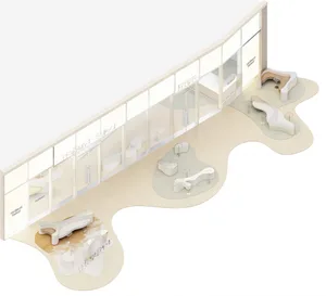 Minimalist retail space with white furnishings, curved seating, and glass walls.