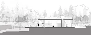 Perspective view of a modern architectural rendering.
