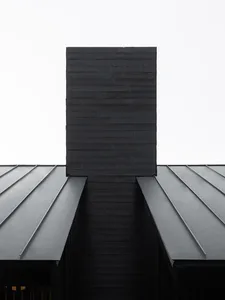 Modern black metal roof structure with seamless metal roofing panels.