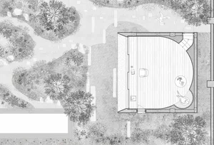 An overhead view of a nature-inspired architectural floor plan, featuring trees and a curved wooden area.