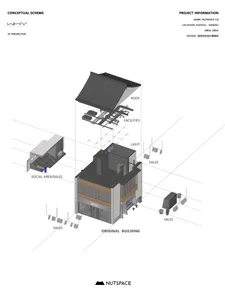 An architectural rendering of Nutspace 2.0 showcasing its interior design with metal, concrete, and glass materials.