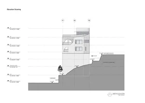 A detailed architectural drawing of a modern building's exterior, showcasing the use of wood and concrete materials on the gr