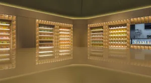 A modern retail shop with illuminated shelves showcasing various products in a bright yellow lighting environment.