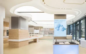 A modern retail space with white concrete walls and curved ceiling elements, featuring a display counter and signage.
