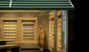 現代零售店面，設有木質貨架的商品展示區。