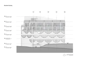 Elevation drawing of a building with concrete and glass materials, labeled with floor levels and sections X1, X2, X3, X4, and