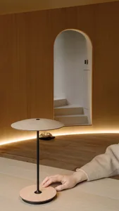 A minimalist wooden lamp with a black stand on a wooden surface in a cozy interior setting with warm lighting.