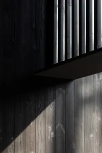 A modern interior design featuring black wooden materials.