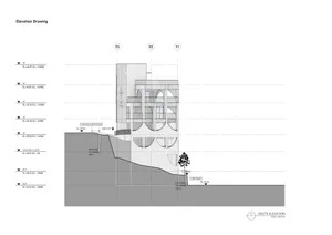 Modern building elevation with multiple levels, including a ground floor, basement 1, and basement 2, with various architectu