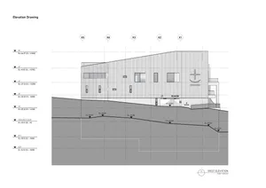 Elevation drawing of a modern house with wood siding and a sloping roofline.