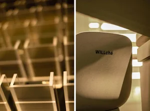 Modern plastic office chair with the word 'WILLchá' on the backrest.