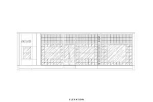 2D architectural drawing of a modern retail storefront with large glass panels.