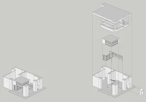 A modern office structure rendered as a graphic illustration.
