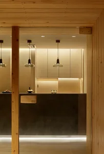 Modern minimalist interior with wooden walls and cabinets, pendant lights, and a dark countertop.