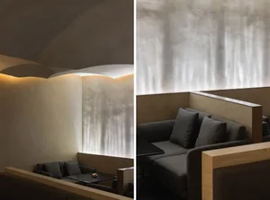 現代室內設計，展現混凝土柱與極簡家具。