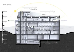 A detailed architectural floor plan depicting a building interior with concrete, steel, and glass materials.