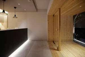 Modern minimalist interior design featuring wooden elements and clean lines.